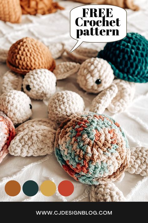 Fred the Sea Turtle – Free Crochet Pattern + video tutorial - CJ Design Blog Bulky Yarn Animal Crochet Patterns, Variegated Yarn Amigurumi, Croshay Ideas Animals, Easy Crochet For Craft Fairs, Crochet Ideas Fluffy Yarn, Free Crochet Animal Patterns Amigurumi, Crochet Patterns For Markets, Crochet Baby Stuffed Animals, 30 Min Crochet Projects