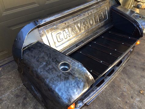 Bare steel,bench made from a 1955 Chevy truck front clip. Black oak seat and 1955 Chevy tailgate. Working headlights and park lights. Made by relics awry. Car Part Art, Tailgate Bench, 67 72 Chevy Truck, Car Parts Decor, Old Car Parts, 72 Chevy Truck, Car Part Furniture, Automotive Furniture, Toy Shelves