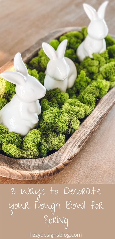 Learn three ways to decorate your dough bowl for spring Dough Bowl Centerpiece, Easter Centerpiece, Easter Bunny Basket, Spring Centerpiece, Easter Tablescapes, Spring Easter Crafts, Easter Inspiration, Ideas For Easter Decorations, Easter Centerpieces