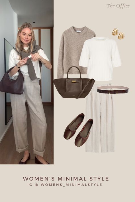 Copy Claire Rose's look | Find all the product details on the post! Opt for a sophisticated office look with neutral-colored attire, soft fabrics, and a flattering silhouette cinched at the waist with a belt | outfit ideas, outfit ideen, business casual outfit, ballet flats, outfit for the office, brunch outfit, linen trousers, demellier, beige outfit, beige aesthetic, spring outfit for work, spring outfit 2024, spring fashion, minimal style, minimal outfit, capsule wardrobe. Cred: Clairerose Spring Outfit For Work, Minimalstyle Outfit, Outfit Ballet Flats, Minimal Fashion Style Woman, Linen Trousers Outfit, Beige Trouser, Outfit Capsule, Neutral Color Outfits, Outfit Beige