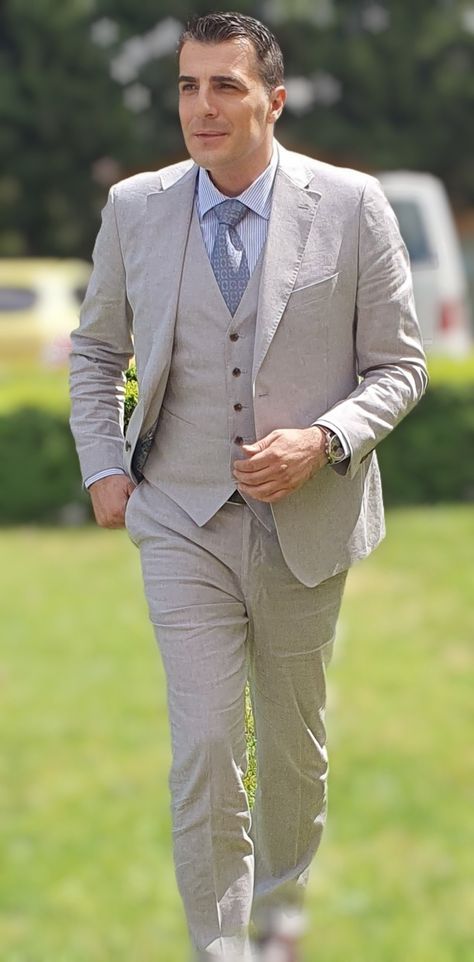 Gray linen suit outfit Gray Linen Suit, Suit Outfit, Walk In The Park, Linen Suit, Gray Linen, A Walk, The Park, Walk In, Grey