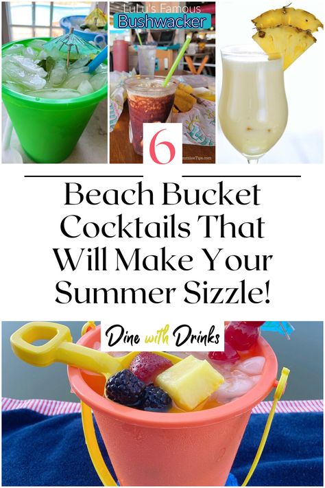 Collage of 4 beach bucket cocktails. Bucket Drinks Alcohol Party Ideas, Alcohol Party Ideas, Bucket Cocktails, Beach Drinks Alcohol, Fun Summer Drinks Alcohol, Summer Beach Drinks, Beach Day Food, Bucket Drinks, Pool Party Drinks