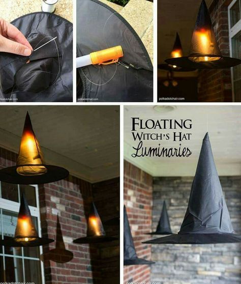 Fun Halloween decoration http://www.polkadotchair.com/2015/09/floating-witch-hat-luminaries.html/ Witch Hat Luminaries, Floating Witch, Strašidelný Halloween, Dollar Store Halloween Decorations, Witches Hats, Casa Halloween, Halloween Witch Decorations, Halloween Front Porch Decor, Dollar Store Halloween