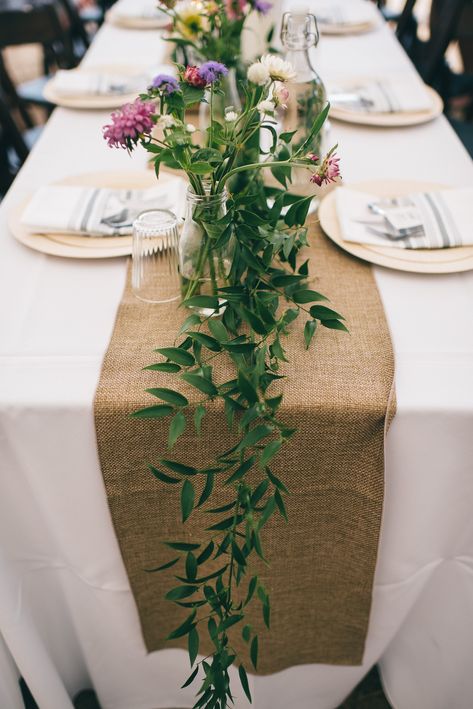 Burlap Table Runner Wedding Centerpieces, Farm Table Setting Ideas, Rustic Table Setting White Table Cloth, Cheese Cloth Table Runner With Greenery, White And Burlap Table Setting, Twine Table Runner, White Table Cloth Burlap Runner, White Table Cloths With Burlap Runners, Table Cloth Alternatives