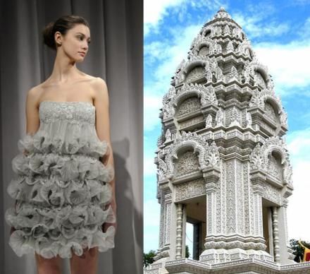 Marchesa (by Georgina Chapman and Keren Craig) has been a brand that is consistently inspired by architectural and feminine elegance. Haute Couture Fall/Winter 2008: Inspired by Eastern-Asian temples and sanctuaries. Structure Textiles, Fashion Inspired By Architecture, Junk Kouture, Architect Fashion, Intricate Architecture, Doodling Drawings, Garment Inspiration, Architectural Fashion, Textiles Sketchbook