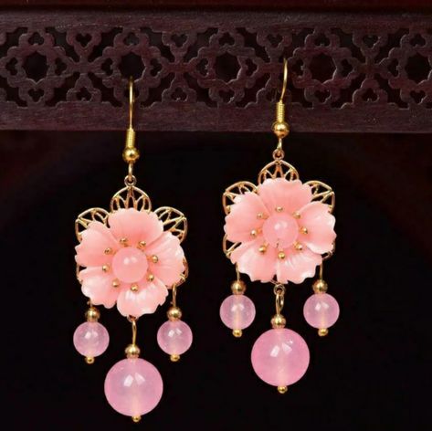 Pink Jade Flower Earrings Luxury Women Natural Jewelry Carved 925 Sterling Silver Chinese Beaded Jewelry, Traditional Japanese Jewelry, Jade Jewelry Chinese, Female Sasuke, Chinese Jewelry Traditional, Marinette Aesthetic, Jade Accessories, Otherworldly Beauty, Pink Gold Jewelry