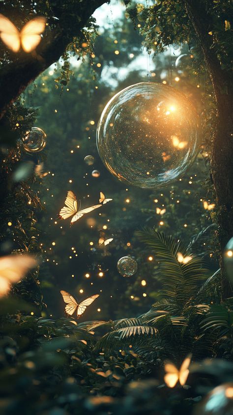 A mystical forest filled with floating glass orbs and luminescent plants, where golden butterflies dance in the twilight under a sky of swirling galaxies. Glowing Plants, Glowing Butterflies, Fantasy Gardens, Galaxy Sky, Butterfly Plants, Ethereal Aesthetic, World Of Wonder, Mystical Forest, Fantasy World