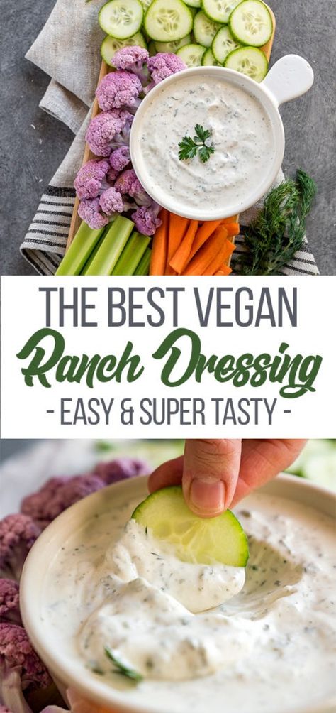 Learn how to make a creamy, oil-free vegan ranch dressing at home with just a handful of basic ingredients and a few minutes of your time! It's perfect for salads, as a dip, and even alongside some homemade vegan pizza. #veganranchdressing #veganized #cashewcream #oilfree #sweetsimplevegan #homemaderanch #dressing Vegan Ranch Dressing Recipe, Homemade Vegan Ranch Dressing, Resep Vegan, Vegan Ranch Dressing, Vegan Salad Dressing, Ranch Dressing Recipe, Vegan Ranch, Vegan Dip, Homemade Ranch Dressing