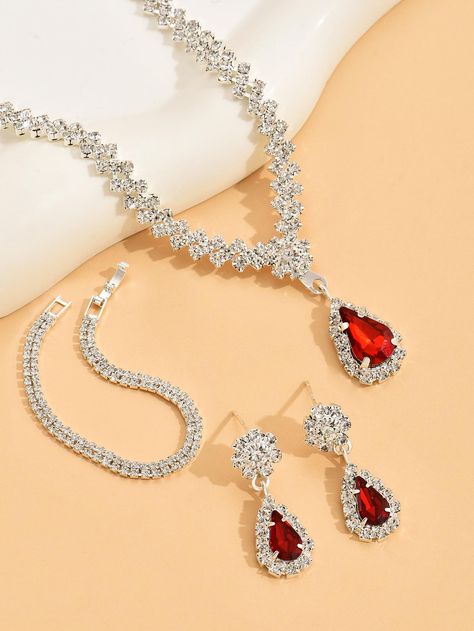 Red  Collar  Glass Rhinestone   Embellished   Women Fashion Jewelry Red Jewellery Set, Prom 2k24, Sultana Kosem, Wedding Gift Items, Bride Jewelry Set, Prom 2024, Red Water, Chunky Bead Necklaces, Prom Ideas