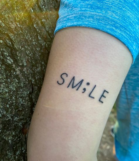 Smile with a semi-colon. Keep pushing through, there is hope. Placement is above my left elbow. Keep Pushing Tattoo Ideas, Keep Pushing Tattoo, Tattoo Above Elbow, Semi Colon Tattoo, Colon Tattoo, Smile Tattoo, Semi Colon, Semicolon Tattoo, There Is Hope