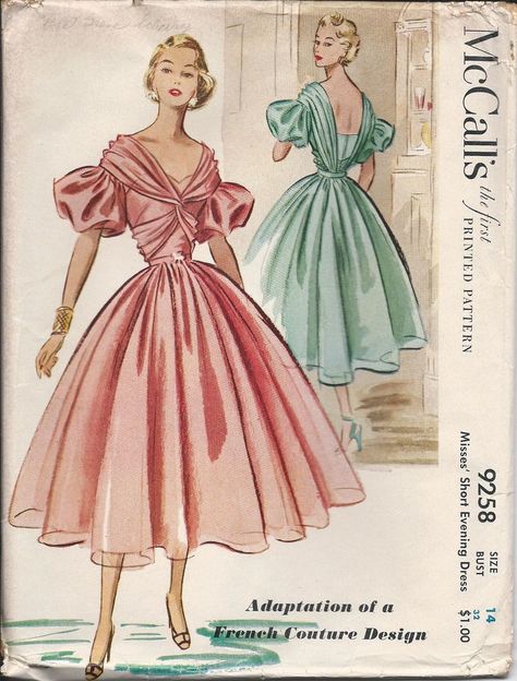 Vintage Fashion Sketches, Gown Sewing Pattern, Patron Vintage, 1950 Fashion, Vintage Dress Patterns, Fashion 1950s, Evening Dresses Short, Motif Vintage, Retro Mode