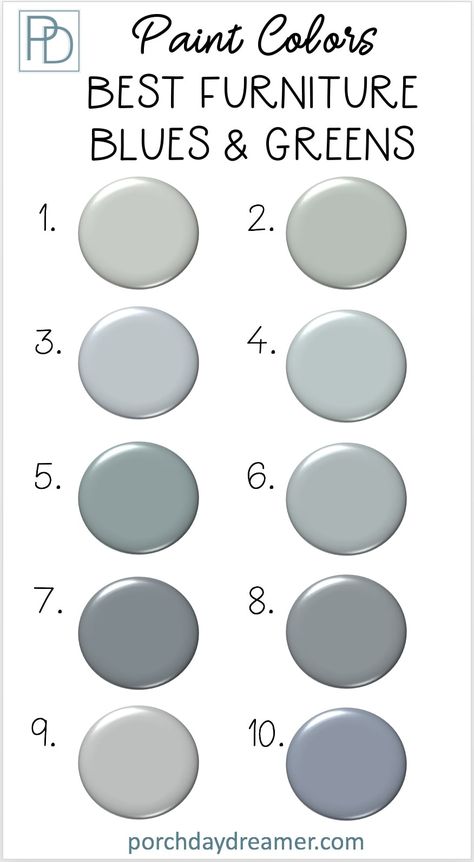 The best furniture paint colors in blues and greens. 10 paint color options to makeover your furniture. #furniturepaint #paintcolors #furniturepaintcolors #porchdaydreamer Furniture Paint Ideas Colors, Farmhouse Colors For Furniture, Blue Furniture Paint Colors, Blue Gray Dresser, Best Colors To Paint Furniture, Paint Colors For Furniture Projects, Paint Colors For Dressers, Best Paint Colors For Furniture, Painted Bedroom Furniture Ideas Colour