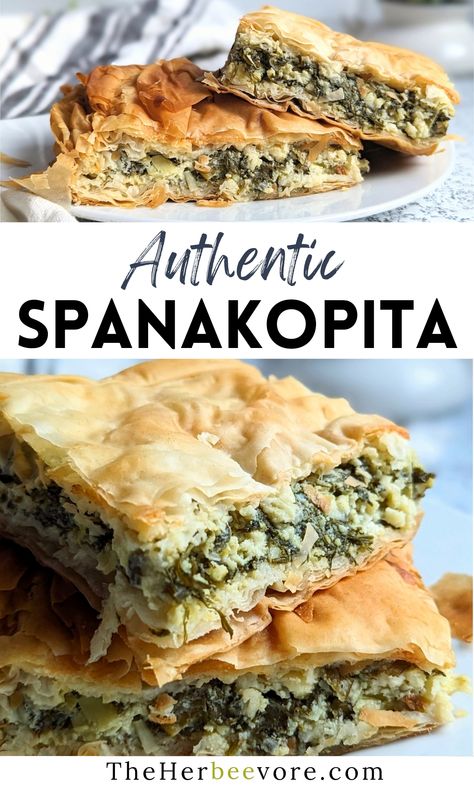 This authentic spanakopita recipe is flaky and flavorful, with layers of spinach, leeks, herbs, and phyllo dough. A fantastic classic Greek recipe that makes a great dinner or holiday meal. Spanokita Recipe Greek, Greek Brunch, Greek Spinach Pie Spanakopita, Easy Spanakopita, Beautiful Pastries, Feta Pie, Spanakopita Recipe, Greek Kitchen, Recipes Spinach