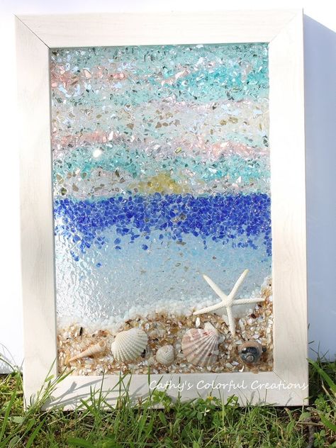 Resin Windows, Scene Crafts, Crushed Glass Art, Sea Glass Window Art, Beach Mosaic, Beach Window, Starfish Wall Art, Sea Glass Mosaic, Sea Glass Art Projects