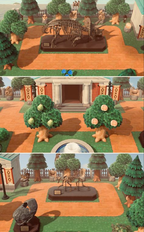 Museum Acnh Design, Animal Crossing Fossil Design, Fences Animal Crossing, Museum Design Animal Crossing, Animal Crossing Island Museum, Acnh Island Designs Shops, Cute Animal Crossing Entrance Ideas, Museum Inspo Acnh, Animal Crossing Gap Filler Ideas