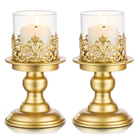 PRICES MAY VARY. DISTRESSED DESIGN: 3 colors available, antiqued distressed white or black finished, goes well with rustic farmhouse or modern settings. The classic matte gold finish is equally eye-catching, exuding elegant and luxurious fashion atmosphere at all times. QUALITY CANDLEHOLDERS SET: This retro candle holders have a durable metallic pedestal base, distressed floral trim, high transparency glass shade, looking beautiful and serving up style even when standing alone, a must-have decor Gold Pillar Candle Holders, Gold Pillar Candles, Bird Cage Candle Holder, Shabby Chic Candle Holders, Retro Candle, Shabby Chic Candle, Candles Holder, Boho Candle, Gold Candle