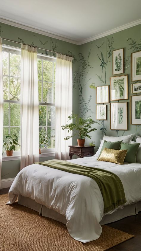 Discover tranquility in this serene bedroom adorned with lush green botanical wallpaper. Soft natural light pours in through sheer curtains, illuminating a luxurious queen-sized bed with vibrant accents. A vintage bedside table complements a gallery of nature-themed art, creating a harmonious atmosphere. Perfect for relaxation, this cozy sanctuary invites you to unwind amidst nature's beauty. #BedroomDecor #BotanicalDesign #HomeInspiration Botanical Themed Bedroom, Green Botanical Wallpaper, Botanical Bedroom, Vintage Bedside Table, Wallpaper Soft, Bedroom Oasis, Serene Bedroom, Bedroom Decor Inspiration, Garden Bedroom