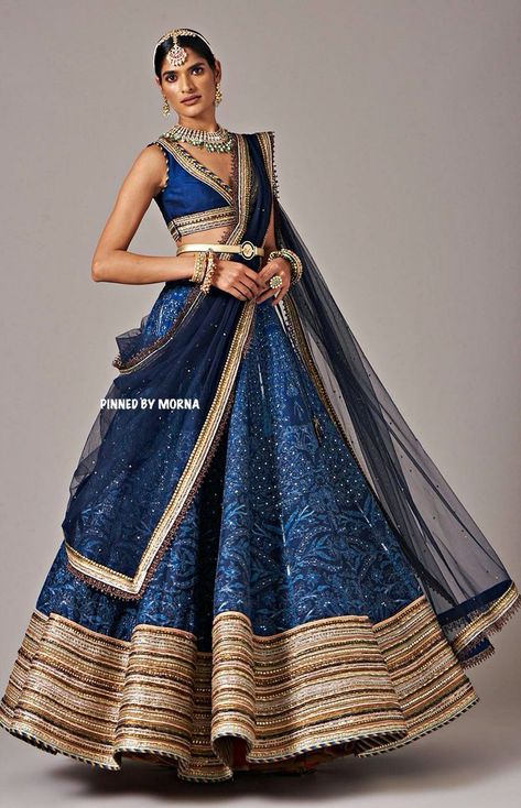 Midnight Blue Lehenga, Trending Lengha, Pink Blue Lehenga, India Traditional Clothing, Blue Indian Outfit, India Traditional Dress, Royal Blue Lehenga, Jj Valaya, Blue Dupatta