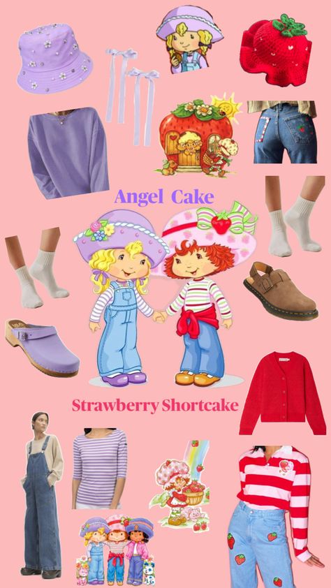 Collage of strawberry shortcake costume ideas for angel cake, and strawberry shortcake Angel Cake Costume, Strawberry Shortcake Halloween Costume, Strawberry Halloween, Strawberry Shortcake Outfits, Cake Costume, Strawberry Shortcake Costume, Strawberry Costume, Halloween Party Decor Diy, Classy Halloween Costumes