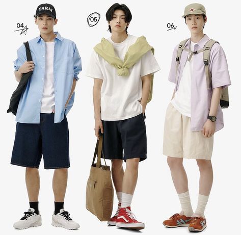 Japan Summer Outfits Men, Cruise Outfits Men Caribbean, Ukay Ukay Outfit Ideas, Male Beach Outfit, Japanese Outfits Casual, Men Street Outfit, Casual Fashion Korean, Outfit Cowo, Korean Street Fashion Men