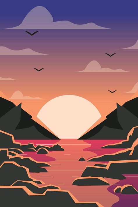 Flat Background sea sunset vector design premium Sunset Cartoon, Sunset Vector, Background Sea, Sea Point, Flat Background, Sea Sunset, Sunset Sea, Cartoon Background, Design Vector