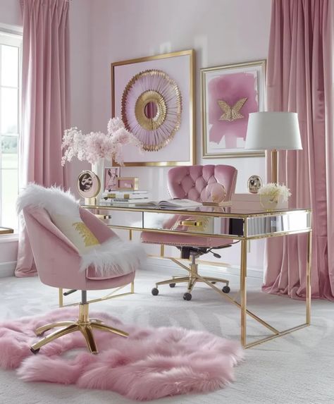 Princess Office, Pink Office Ideas, Feminine Home Office Classy, Girly Office Space, Modern Home Office Ideas, Pink Home Office, Workspace At Home, Pink Office Decor, Office Redo