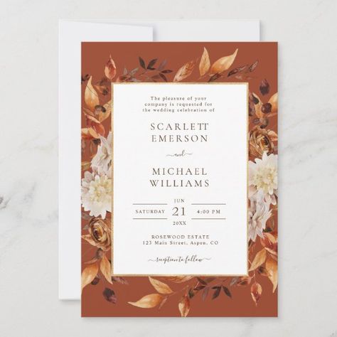 Terracotta Fall Wedding, Brown Invitation, Wedding Brown, Orange Invitation, Popular Wedding Invitations, Rusting Wedding, Wedding Invitation Size, Garden Wedding Invitations, Modern Botanical