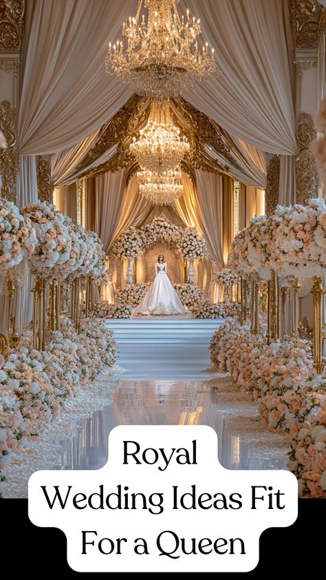 A beautiful royal wedding setup with luxurious decor, elegant attire, and a majestic venue fit for a queen, showcasing ideas for creating a regal and unforgettable wedding day. Royal Wedding Venue Ideas, Royal Themed Wedding Decor, Royal Wedding Centerpieces, Heaven Theme Wedding, Royal Wedding Flowers, Royal Wedding Theme Ideas, Royal Wedding Theme Decorations, Heavenly Wedding Theme, Baroque Wedding Theme