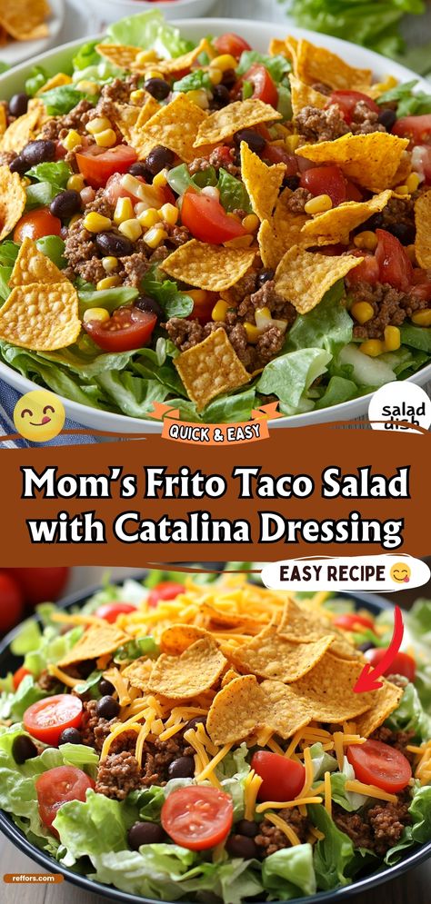 Mom’s Frito Taco Salad with Catalina Dressing Taco Salad With Fritos And Catalina, Chopped Taco Salad, Salad With Fritos And Catalina Dressing, Taco Salad With Thousand Island Dressing, Frito Salad With Catalina Dressing, Food To Bring To A Potluck, Taco Salad Catalina Dressing, Taco Salad With Fritos, 7 Layer Taco Salad