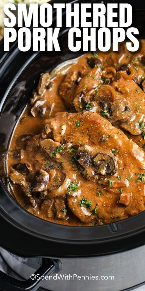 This recipe for boneless or bone-in chops makes for a delicious & simple Crockpot Pork Chops entree. A rich gravy made with easy canned soup smothers the chops in a creamy sauce. Add mushrooms, and this recipe is failproof and totally delish. Comfort food is on the menu for dinner tonight. Enjoy it with mashed potatoes and vegetables for a satisfying meal. Slow Cooker Pork Chops Recipes, Crock Pot Pork Chops, Pork Steak Recipe, Simple Crockpot, Boneless Pork Chop Recipes, Crock Pot Pork, Pork Crockpot Recipes, Pork Chop Recipes Crockpot, Slow Cooker Recipes Pork