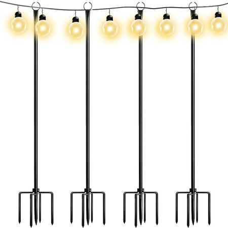 Walensee String lights pole is designed with incorporate 5-prong 10-inch solid iron ground forks, which can stand on the ground more firmly than the ordinary Trident base, prevents it from bending, breaking or wobbling by the wind. Stability has been greatly improved. Size: 4 Pack.  Color: Black. Outdoor String Light Poles, String Light Poles, Light Hanger, Hanging String Lights, Bistro Lights, Hanger Stand, Light Pole, Patio Lighting, Metal Hangers