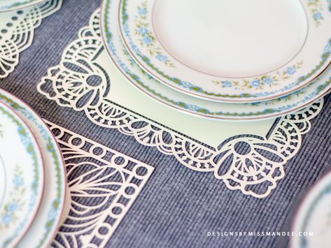 FREE Lacy Placemats – Intricate Cut Files - Designs By Miss Mandee. Card making, Cricut, cut file, decorative, die cut, Die Cut Doilies, dinner, dinner party, doilies, doily, elegant, fancy, free, freebie, frills, gift, gift wrapping, gifting, intricate, Intricate Cut Files, lace, Lacy Placemats, paper, Paper Lace, placemat, present, scrapbook, scrapbooking, silhouette, svg, vintage. Cricut Placemats, Paper Placemats Ideas, Doily Wedding Place Setting, Wedding Placemats Paper, Doilies Placemats Wedding, Paper Dollies Table Setting, Doilie Placemat Wedding, Lace Trend, Dinner Places