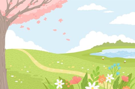 Flower Landscape Illustration, Spring Illustration Wallpaper, Cute Cartoon Landscape, Cute Landscape Background, Spring Wallpaper Laptop, Wild Flower Background, Spring Illustration Art, Flower Background Landscape, Spring Animation