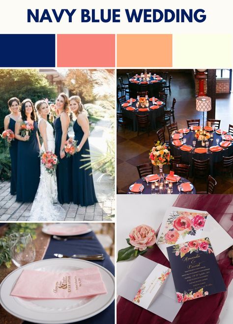 Navy Coral Peach and Ivory Bridemaids Dress Bridal Party Table Setting Invitation Centerpieces Bouquet Cake Coral And Dark Blue Wedding, Navy Dusty Blue And Peach Wedding, Navy Blue Peach Wedding, Navy Blue And Salmon Wedding, Navy Wedding Theme Color Combinations, Navy Coral Wedding, Navy Blue And Peach Wedding Theme, Peach And Navy Blue Wedding, Navy Blue Spring Wedding