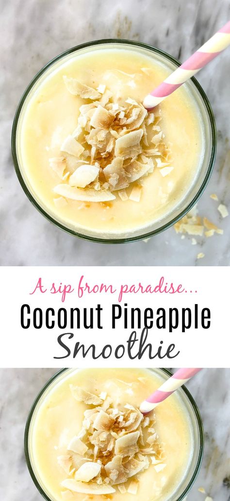 Pineapple Coconut Smoothie: a simple and healthy breakfast or snack that will taste like a vacation in every sip.Coconut Pineapple Smoothie: Every Sip is Like Taking a Vacation | 31Daily.com #coconut #pineapple #smoothie #summer #31Daily Pineapple Coconut Smoothie, Coconut Smoothie, Pineapple Smoothie, Pineapple Coconut, Healthy Smoothie, Banana Smoothie, Smoothie Recipes Healthy, Fruit Smoothies, Clean Eating Snacks