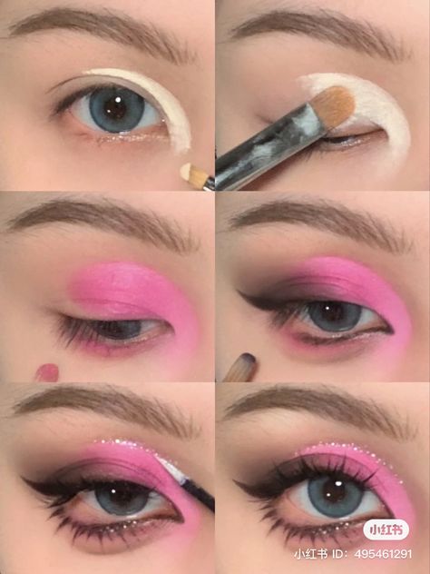 Pink Eyeshadow Step By Step, Pink Mascara Looks, My Melody Makeup Look, Kawaii Eye Makeup, Monster High Makeup Looks, Pink Goth Makeup, Creative Eyeshadow Looks, My Melody Makeup, Kuromi Makeup