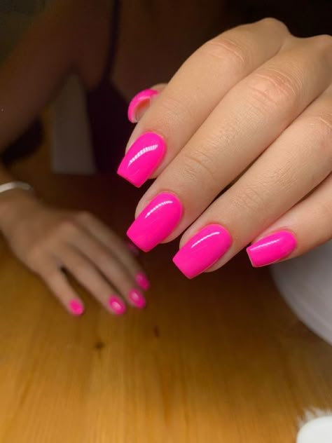 Pink Almost Nails, Simple Hot Pink Nails Short, Bright Neon Pink Nails, Short Square Hot Pink Acrylic Nails, Hot Pink Neon Nails, Very Short Acrylic Nails Square Simple, Pink Nails Plain Simple, Basic Color Nails Simple, Short Coffin Hot Pink Nails