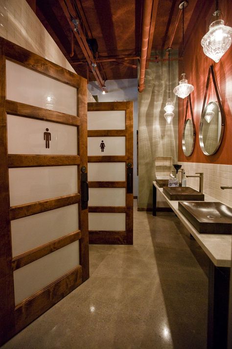 unisex bathroom Restroom Restaurant Design, Industrial Washroom, Brewery Bathroom, Commercial Restroom Design, Public Bathroom Design, Commercial Bathroom Ideas, Bathroom Door Design, Public Restroom Design, Public Washroom