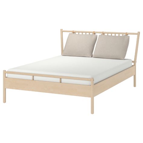 BJÖRKSNÄS Bed frame, birch, Luröy, King. Natural materials such as birch and leather, and fine carpentry details create a neat and airy look. This bed frame is part of our BJÖRKSNÄS collection with roots in Scandinavian craftsmanship tradition. Björksnäs Bed, Birch Veneer, Batumi, Material Bed, Bed Slats, Bed Base, Adjustable Beds, World Of Interiors, Wood Slats