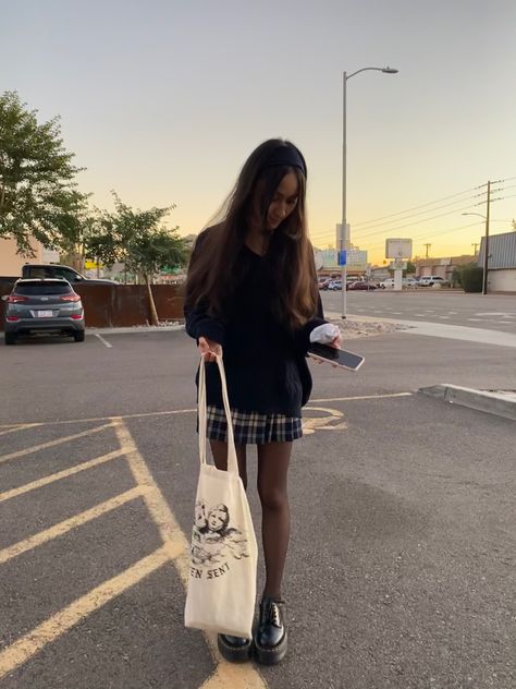 Low Doc Martens Outfit Aesthetic, Low Dr Martens Outfit Winter, Blue Doc Martens Aesthetic, Dark Plaid Skirt Outfit, Blue Plaid Skirt Outfit Aesthetic, Dark Blue Plaid Skirt Outfit, Doc Marten 8053 Platform Outfits, Outfits With Platform Doc Martens, Doc Marten 8053 Outfits