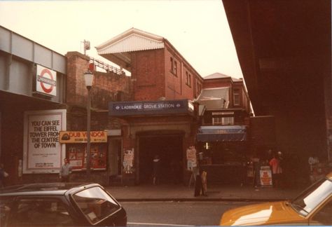 Ladbroke Grove station 1980's - The dark looking entrance on the north side of the bridge in the shadow of the Westway. London Billboard, Ladbroke Grove, Paddington London, Portobello Market, Maida Vale, London Underground Stations, 1970s Childhood, Metropolitan Police, Swinging London