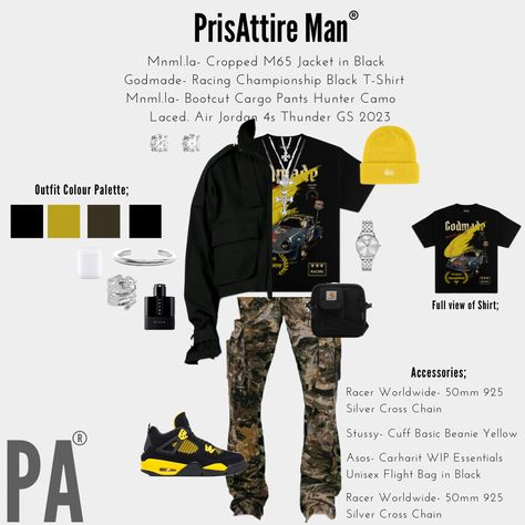 Outfit Ideas With Jordans Men, Yellow Thunder Outfit, Jordan 4 Thunder Outfit, Outfits For Men Black, Outfit Ideas Men Streetwear, Hype Clothing Boys, 4s Outfit, Guys Fashion Swag, Drip Outfit Men