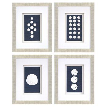 Authentic sand dollars are mounted onto blue sisal grasscloth, giving the Paragon Sand Dollars Framed Wall Art - Set of 4 its natural beauty. Each piece in this four-piece set is beautifully matted and framed in a natural colored shadow box behind glass. For a dramatic display, style these four framed art pieces together as a square or in a row. Pansy Shell, Sand Dollar Art, Coral Design, Sand Dollars, Shadow Box Art, Sand Dollar, Shell Art, Art Print Set, Champagne Gold