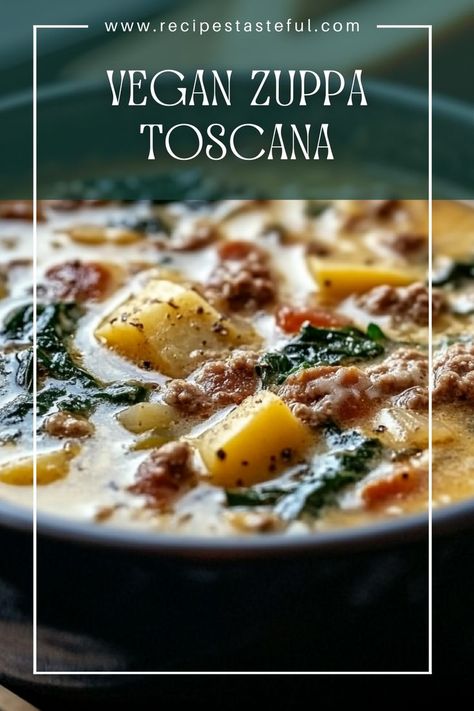 A hearty and flavorful vegan version of the classic Italian soup, Zuppa Toscana, packed with vegetables, vegan sausage, and creamy goodness. Zuppa Toscana Vegan, Tuscan Soup Vegan, Vegan Zuppa Toscana Soup, Vegan Italian Sausage Recipe, Soup Zuppa Toscana, Vegan Zuppa Toscana, Zuppa Toscana Soup, Tuscan Soup, Toscana Soup