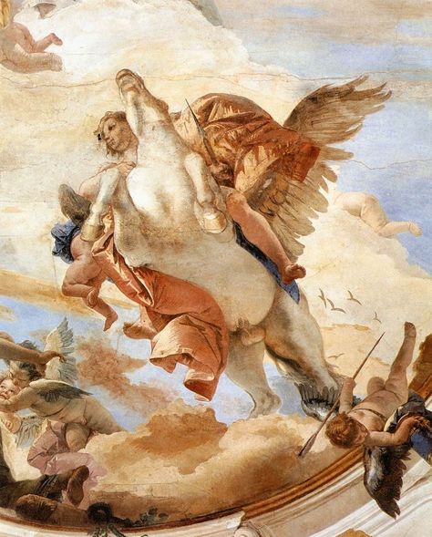 Bellerophon is the Greek hero who was riding the flying horse pegasus. Riding Pegasus, Giovanni Battista Tiepolo, Classical Paintings, Rococo Art, Mythology Books, Mythological Characters, Greek Heroes, Galleria D'arte, Greek Myth