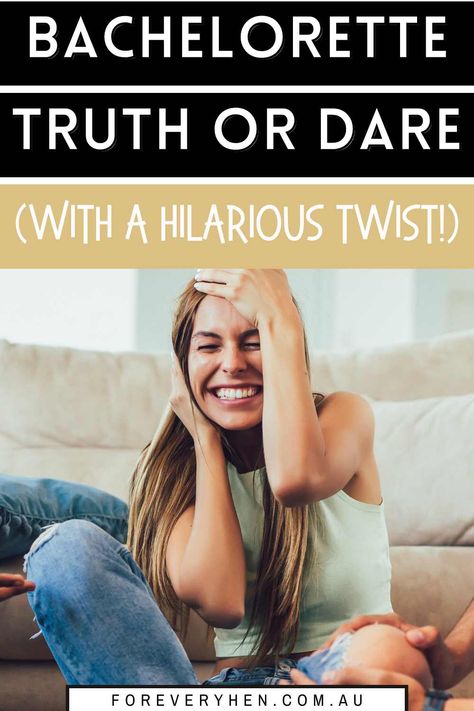 Image of a woman smiling and holding her face in her hands. Text overlay: Bachelorette truth or dare (with a hilarious twist!) Bachelorette Party Dares, Bachelorette Dares, Big Little Sorority Shirts, Party Dares, Truth Or Dare Games, Bachelorette Party Game, Bride Tshirt, Dare Games, Truth Or Dare Questions