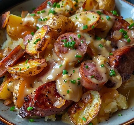 Cheesy Ranch Potatoes & Smoked Sausage – Clever Journeys Potatoes And Smoked Sausage, Sausage And Potato Bake, Cheesy Ranch Potatoes, Sausage And Potatoes, Sausage Ingredients, Cheesy Ranch, Smoked Sausage Recipes, Sausage Dinner, Ranch Potatoes