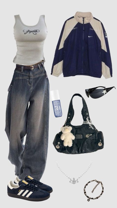 #meinerstershuffle #myfirstshuffle #y2kstyle #campusadidas #baggystyle #baggy pants #darkblue #cutebag #y2kaesthetic #acubistyle #soldejanerio Check Pants Outfit, Simple Casual Outfits, Outfits Baggy, Relaxed Outfit, Everyday Fashion Outfits, Easy Trendy Outfits, Baggy Pants, Cute Everyday Outfits, Casual Style Outfits