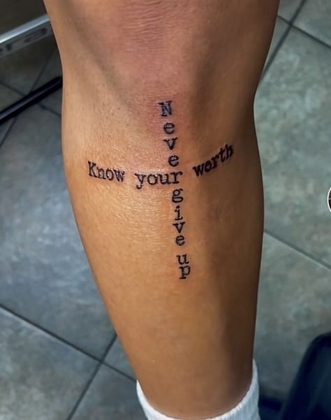 Happiness Everything Tattoo, Tattoo Ideas On Leg Men, Faith Men Tattoo, Miniature Tattoo For Men, A Man Who Stands For Nothing Tattoo, Man Tattoo Ideas Leg, Tattoo Ideas Perseverance, Leg Tattoo Men Quote, Powerful Meaning Tattoos Men