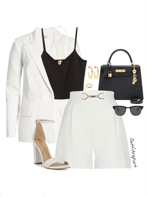 Polyvore Designer Outfits, White Heel Outfit, White Block Heels Outfit, Block Heels Outfit Casual, Outfits With White Heels, Black White And Gold Outfit, Black White Gold Outfit, Outfit Ideas With Heels, Gold Heels Outfit